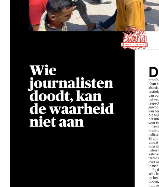 Detail uit pagina 3 van dezelfde krant. Zwarte rant met de tekst "Wie journalisten doodt, kan de waarheid niet aan."